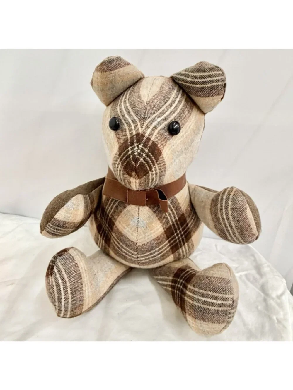 Vintage Handmade Patchwork Plaid Plush Stuffed Animal Teddy Bear Ribbon Bow Toy